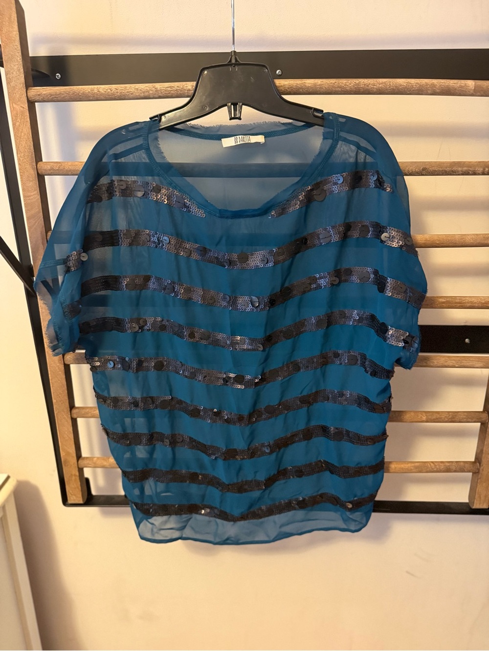 BB Dakota Teal Sequin Stripe Sheer Top